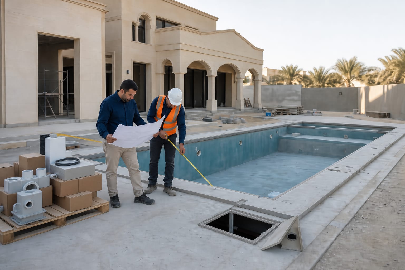 مقاول مسبح ومهندس موقع يراجعان مخططاً ويقيسان مسبح فيلا خليجية قيد التنفيذ