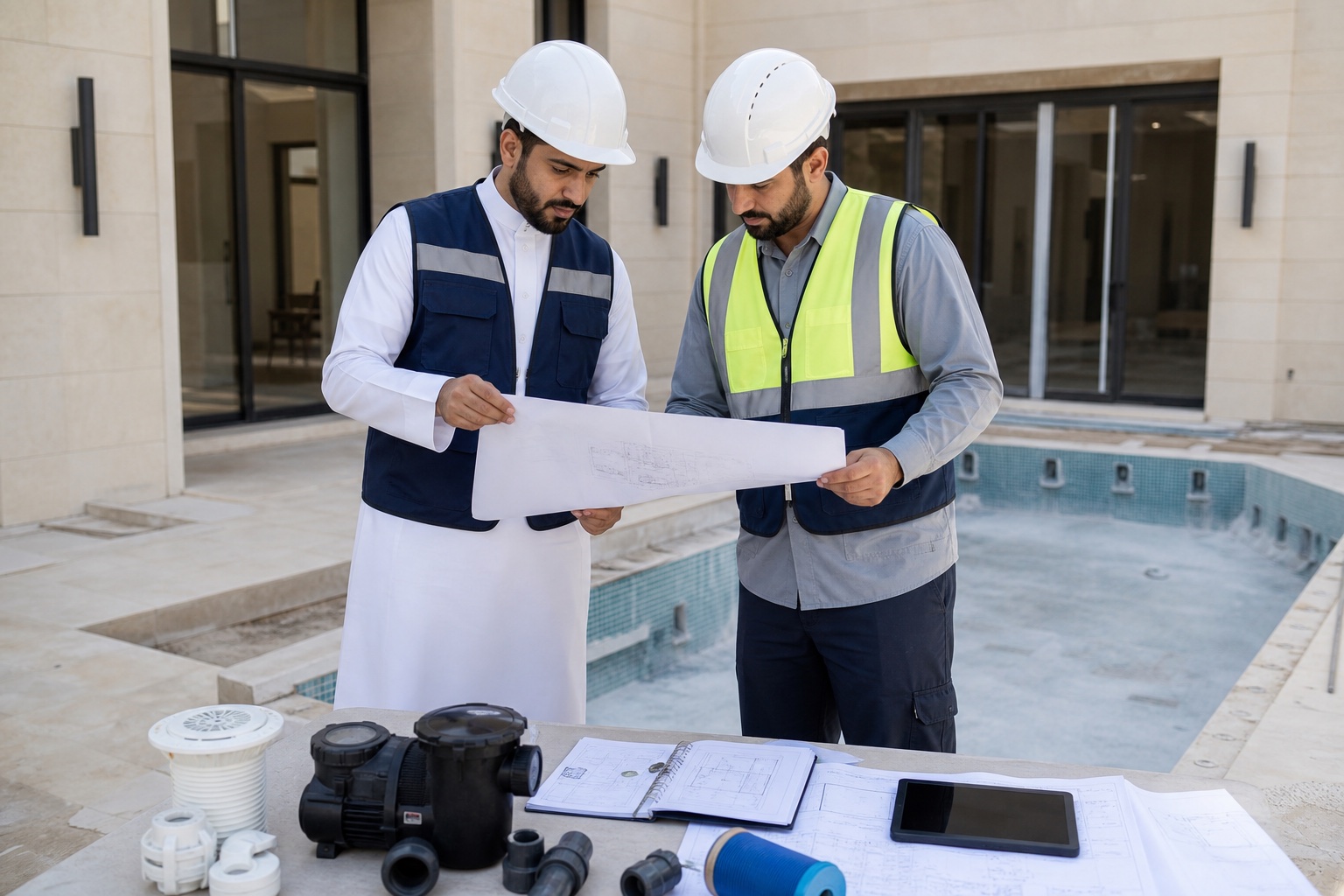 فريق مشروع مسبح يراجع المخططات ومتطلبات المعدات